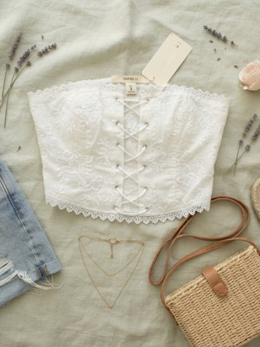 Forever 21 White Lace-Up Floral Corset Size S Bandeau Tube Top